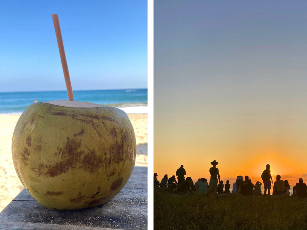 A coco frío at Rinconcito beach; Punta Cometa at sunset.