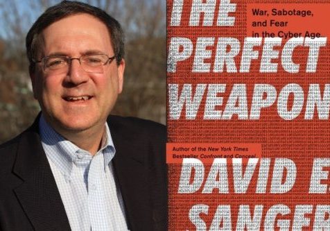 A photo of David Sanger alongside The Perfect Weapon book jacket.